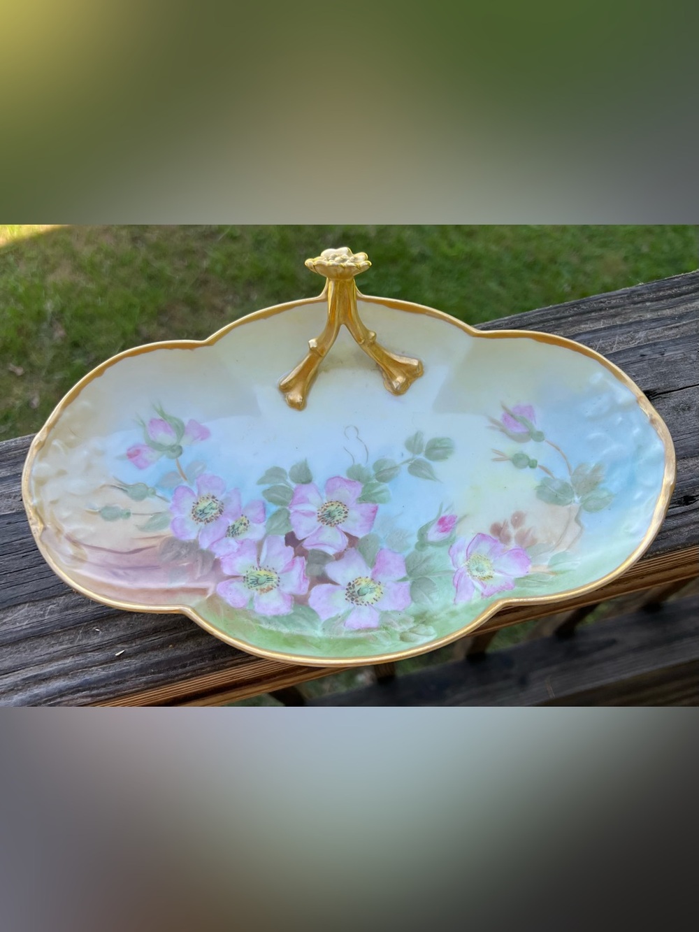 Antique 1900-1932 WG & Co Limoges France dresser tray Wild Roses w/ Gold Handle